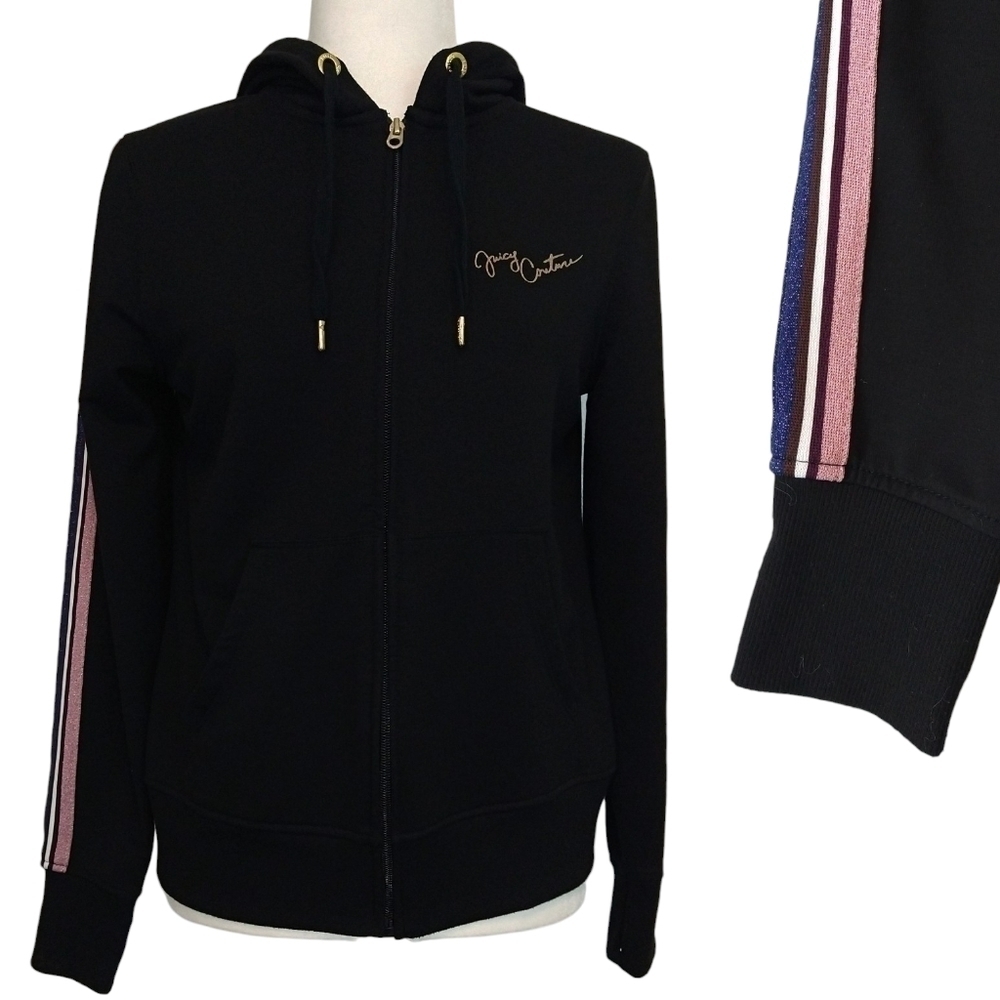 Juicy Couture Black Zip Hoodie Jacket Arm Stripes Kangaroo Pockets Script Logo